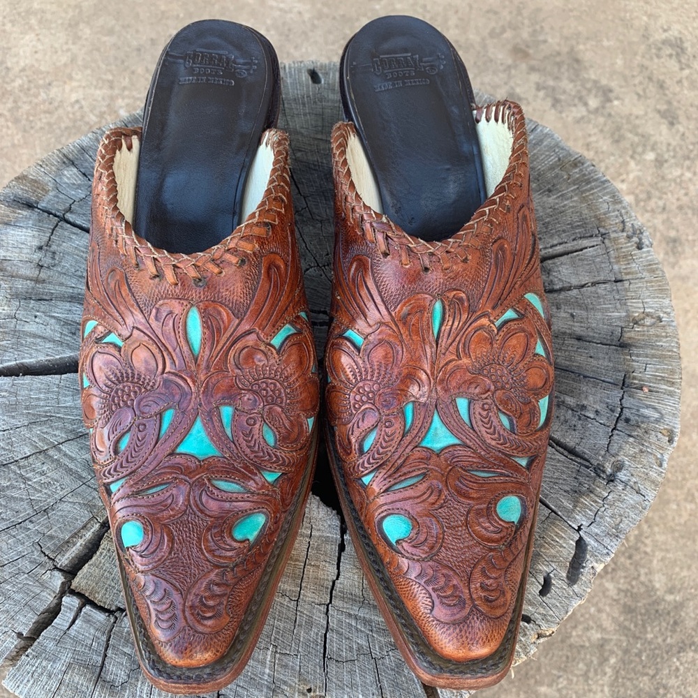 Custom Made Hand Tooled Turquoise Inlay Mule 10.5